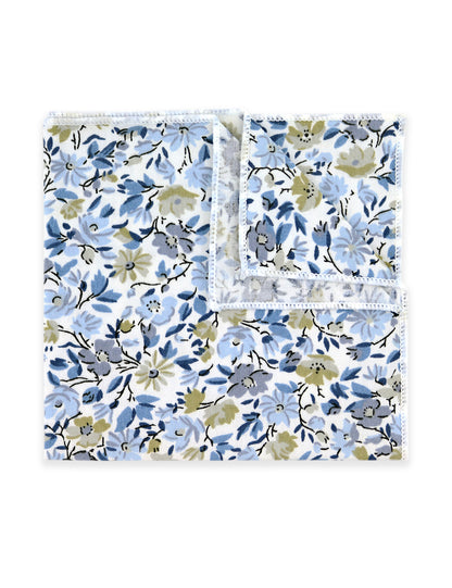 Floral Print Pocket Square - Blue & White