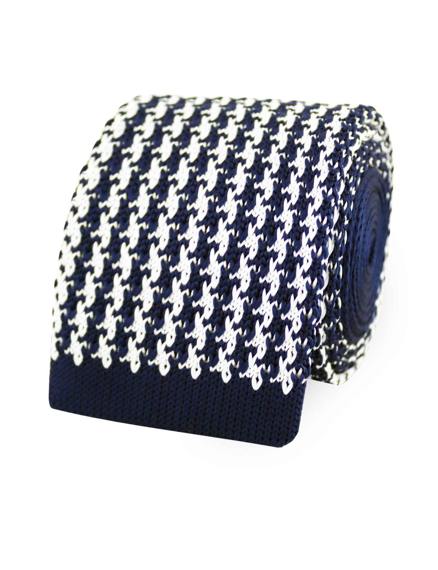 Houndstooth Design Knitted Tie With Square End - Navy Blue