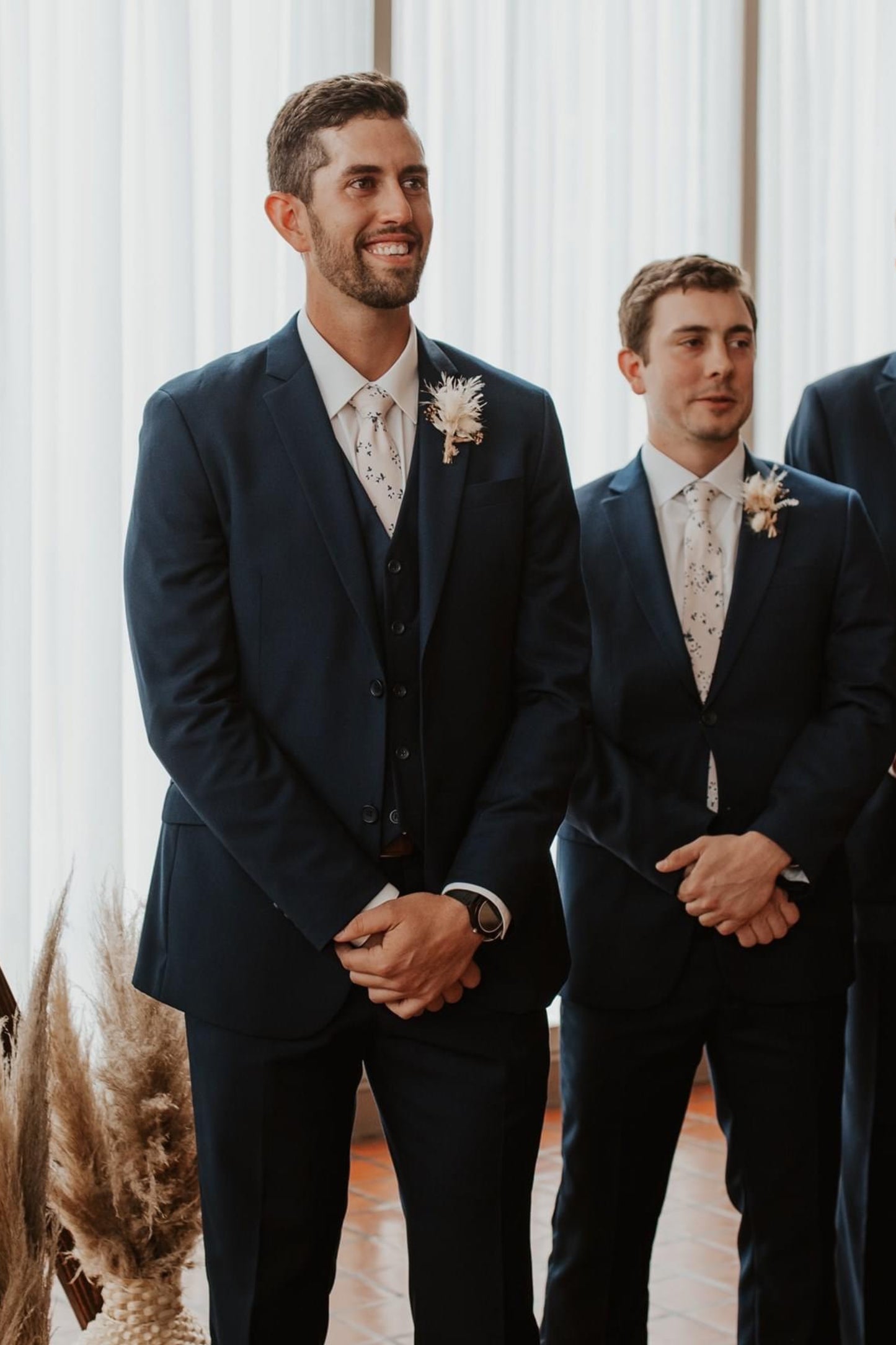 100% Cotton Floral Print Tie - Cream & Navy