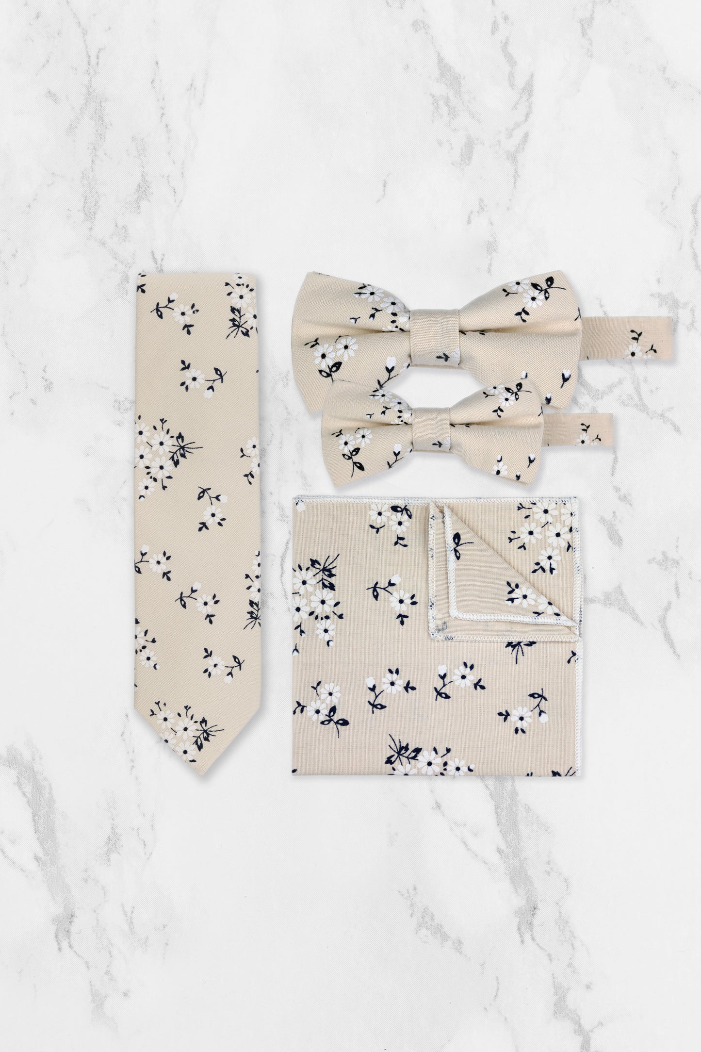 100% Cotton Floral Print Tie - Cream & Navy