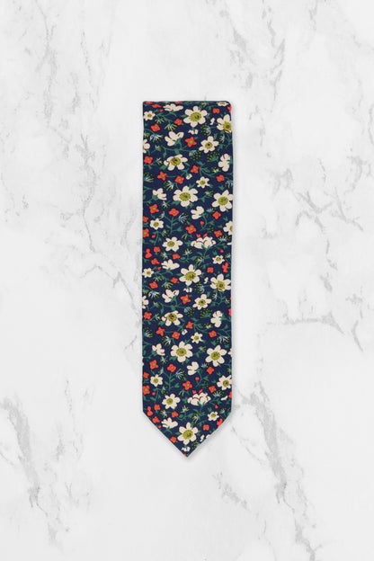 100% Cotton Floral Print Pocket Square - Navy Blue, White & Red